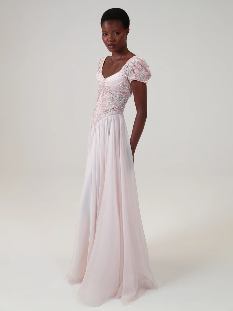 Stunning Blushing Pink Chiffon Sleeveless Long Evening Dress With Sequins