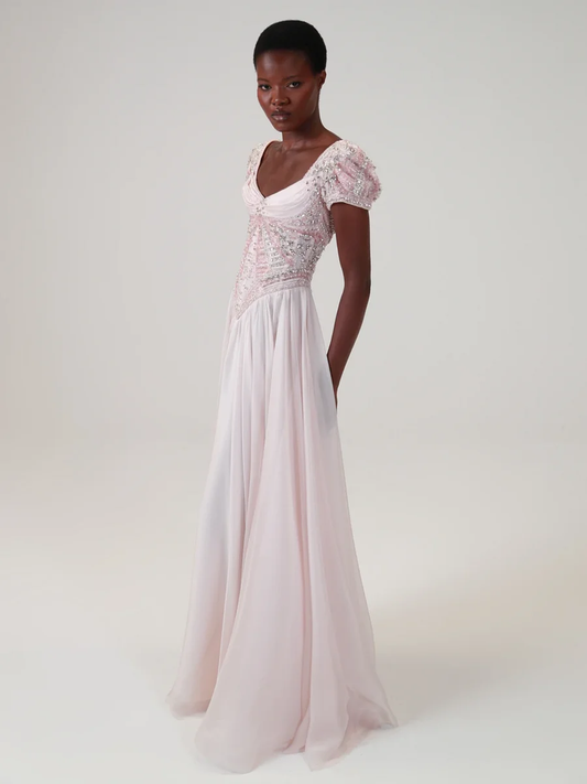 Stunning Blushing Pink Chiffon Sleeveless Long Evening Dress With Sequins