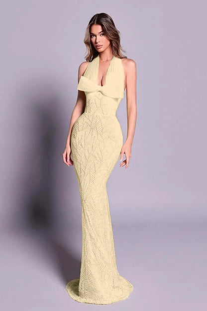 Chic Sleeveless Halter Straps Long Mermaid Evening Dress With Embroidery