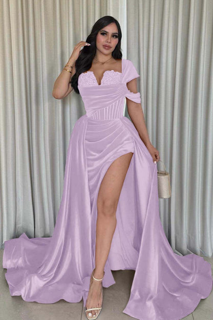 Glamorous Velvet One Shoulder Sleeveless Long Pleated Prom Dress with Split