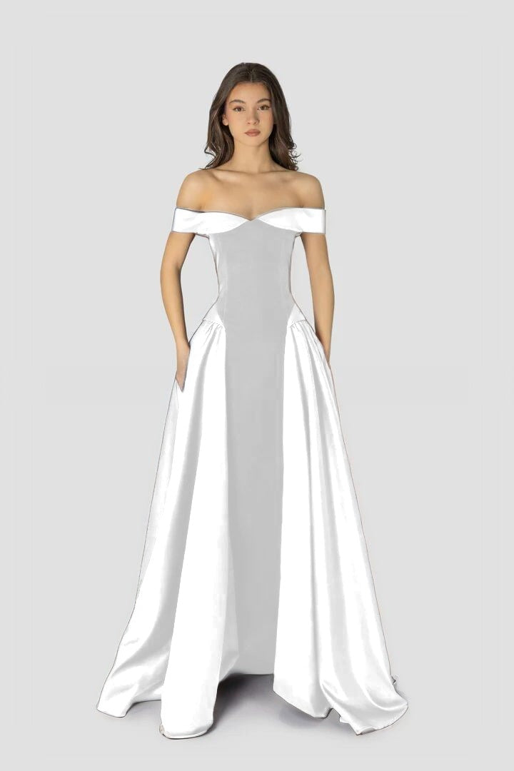 Dreamy Satin Sleeveless Off the Shoulder A-Line Long Evening Dress