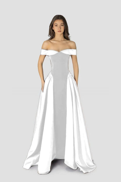 Dreamy Satin Sleeveless Off the Shoulder A-Line Long Evening Dress