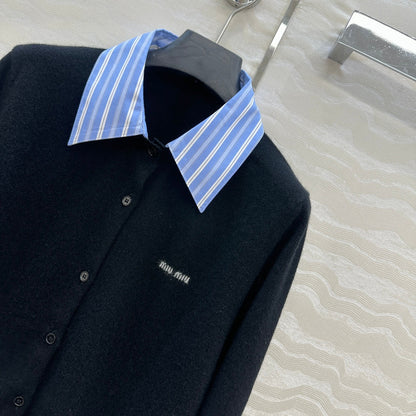 Miumiu Detachable Shirt Cardigan Black Mix Blue Collar and Cashmere