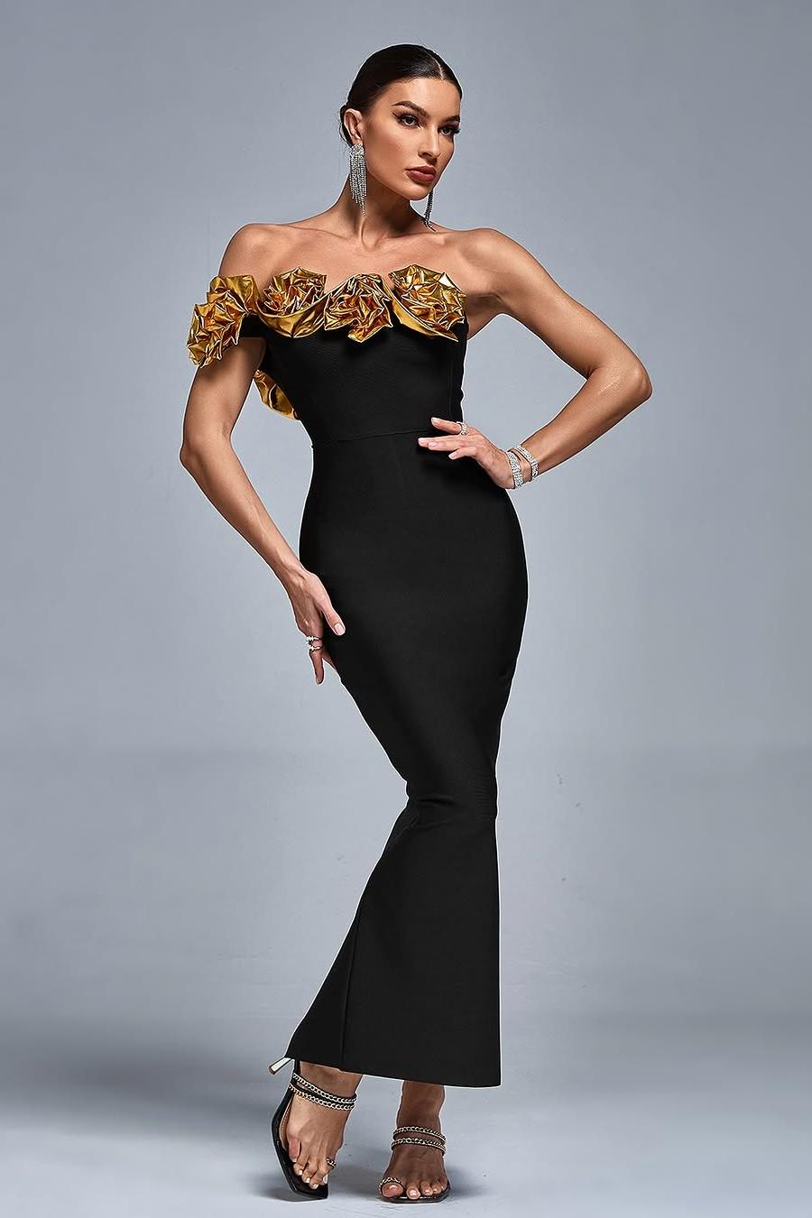 Stunning Black Satin One Shoulder Strapless Mermaid Prom Dress with Ruffles