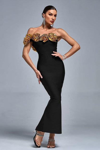 Stunning Black Satin One Shoulder Strapless Mermaid Prom Dress with Ruffles