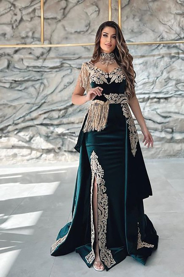 Sleeveless V-Neck Applique Slit Mermaid Evening Dress Dark Green