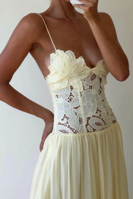 Lace And Chiffon V-Neck Spaghetti Straps Long A-Line Evening Dress With Pleated