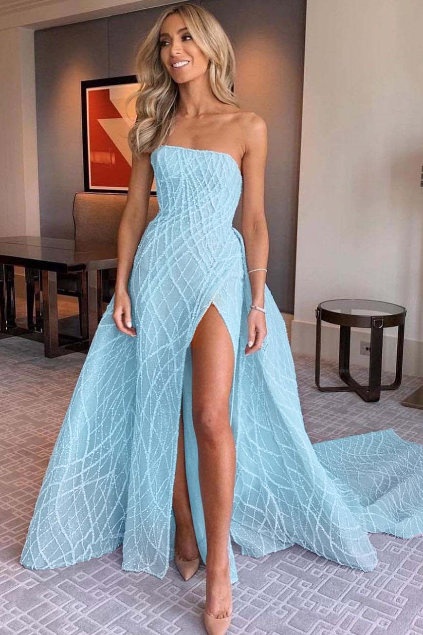 Stunning Light Blue Sleeveless Strapless Long Split Prom Dress with Embroidery