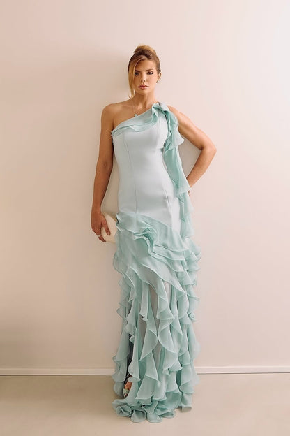 Sleeveless Strapless Split Prom Dress With Ruffles
