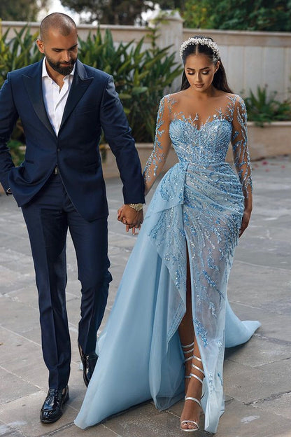 Stunning Sky Blue Long Sleeves Evening Dress Mermaid Split Long With Ruffles Beads