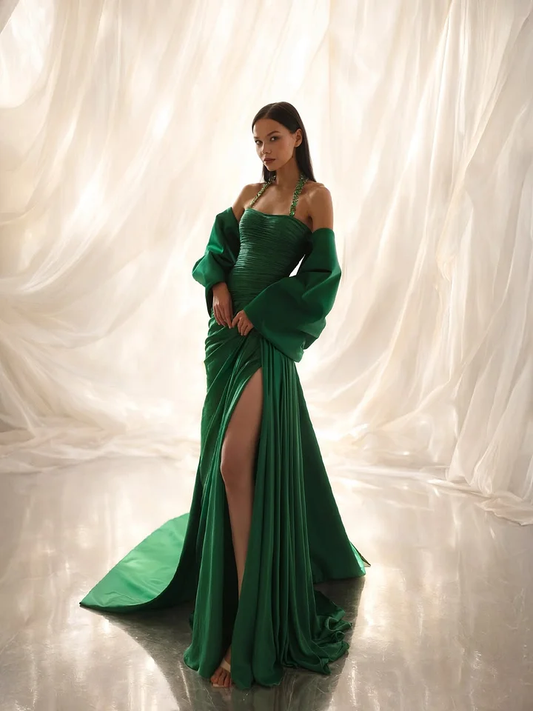 Charming Dark Green Halter Straps Pleated Split Evening Dress With Shawl