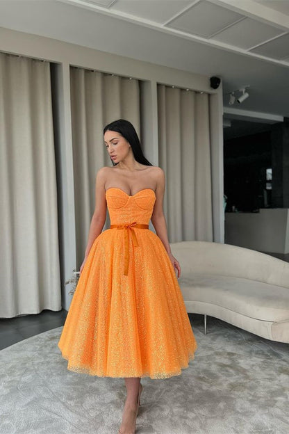 Short Orange Sweetheart Evening Dress Sequins With Belt