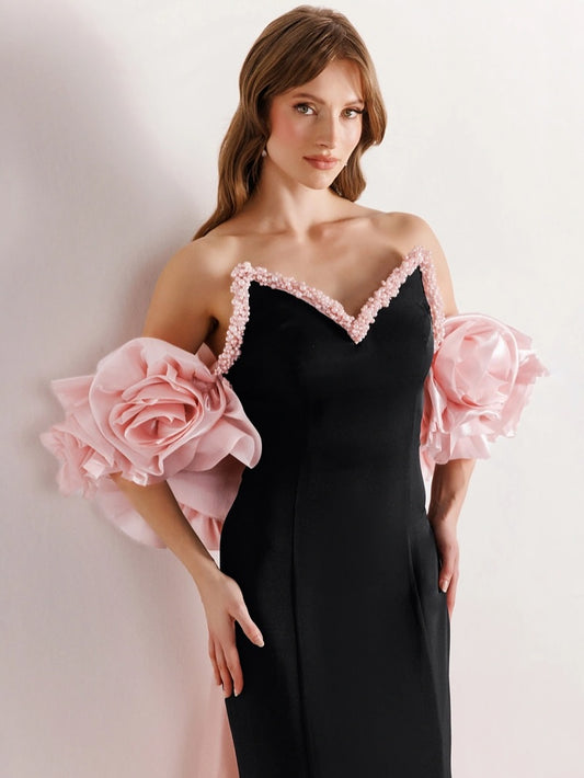 Charming Pink Black Beaded V Neck Slim Sleeveless Prom Dress with Train