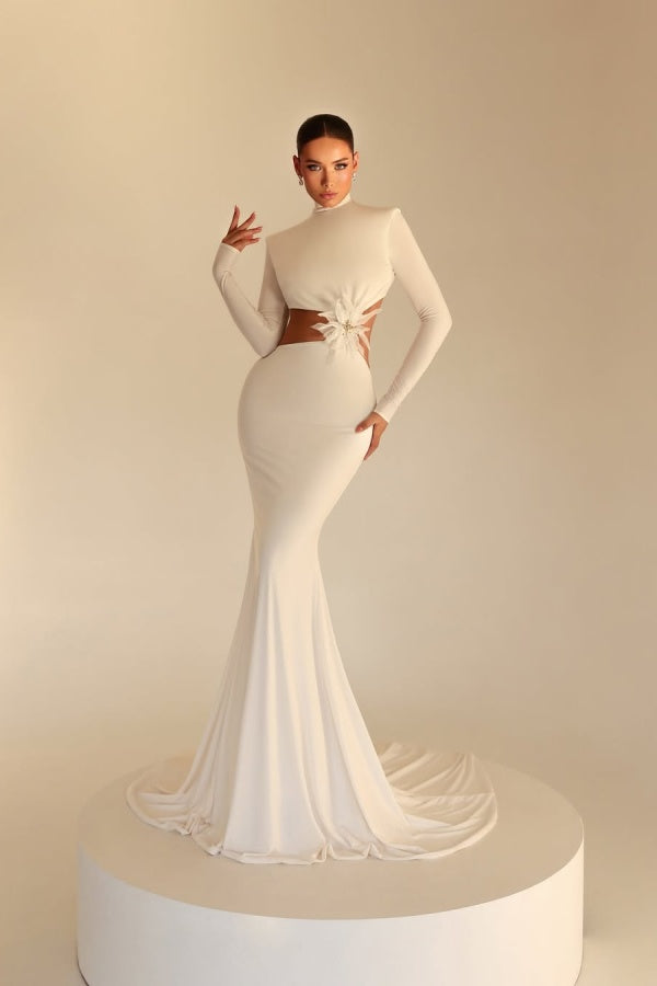 White High Neck Long Prom Dress Mermaid Long Sleeves with Flower