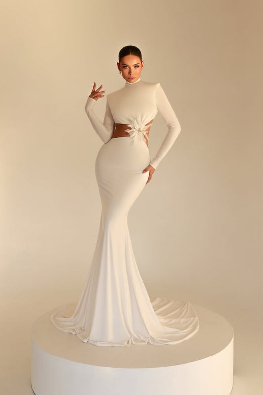 White High Neck Long Prom Dress Mermaid Long Sleeves with Flower
