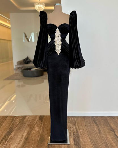 Black Long Sleeves Sweetheart Mermaid Beads Prom Dress