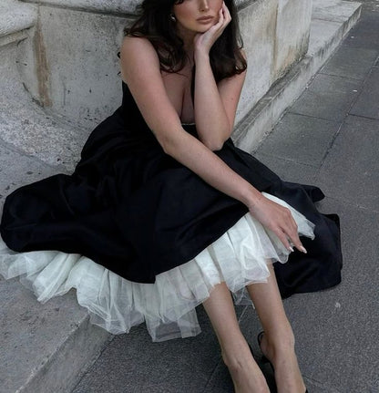 Princess Cute A Line Spaghetti Strap Black Satin White Tulle Party Dress Evening Dress SH2844