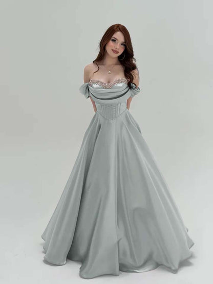 Elegant Off-The-Shoulder Beadings A-Line Pletaed Evening Dress