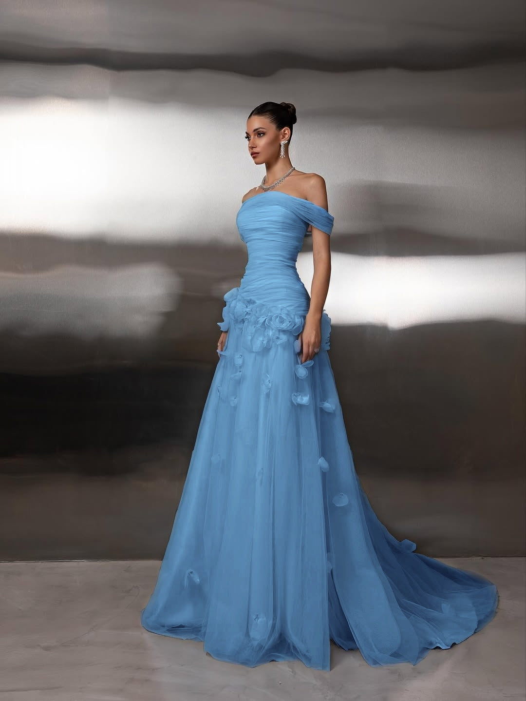 Off Shoulder Sleeveless A-Line Handmade Flower Prom Dress