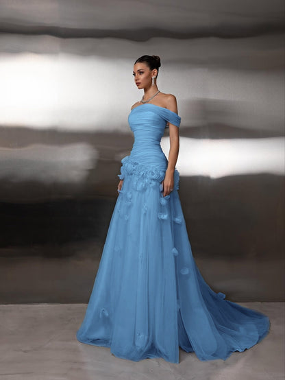Off Shoulder Sleeveless A-Line Handmade Flower Prom Dress