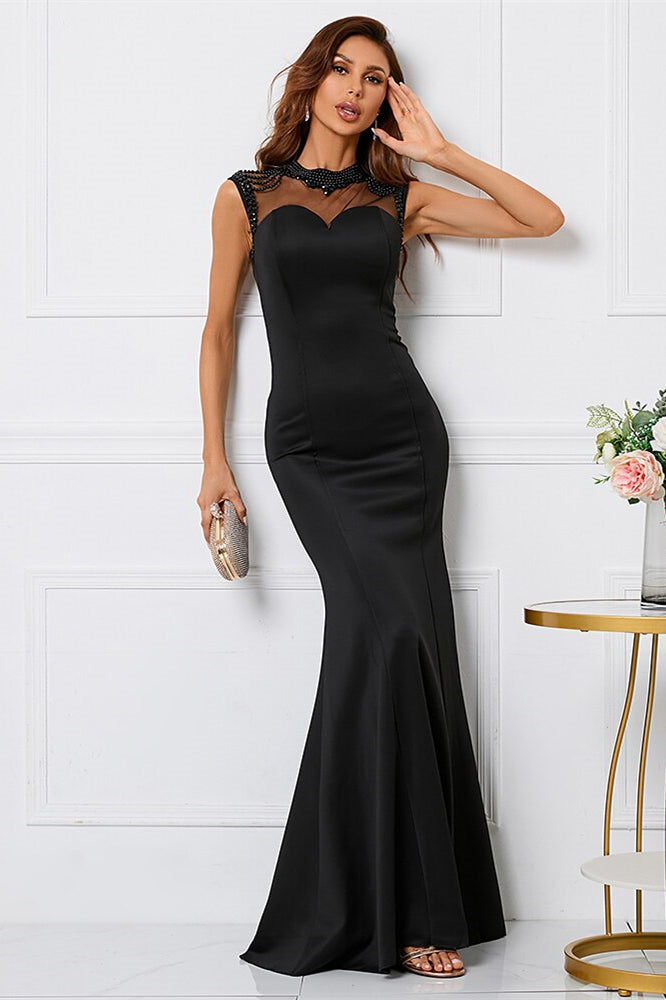 Black Mermaid Sleeveless Evening Dress High Collar With Beadings Online