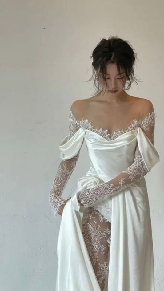 Gentle White A Line Long Sleeve Sequin Lace Satin Evening Dress Party Dress Wedding Dress SH3476