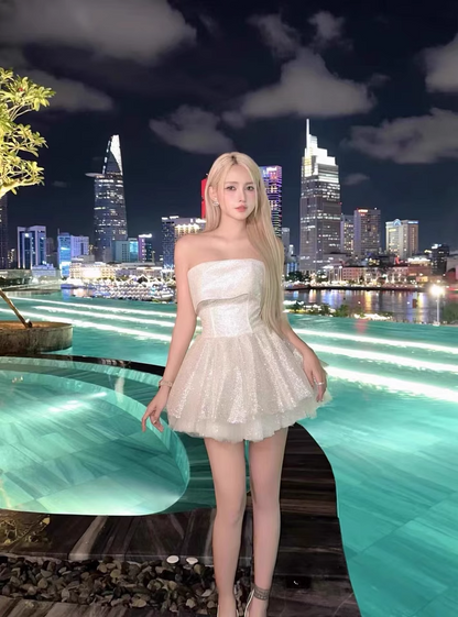 Cute Beige Sequin Ruffled Hem Design A-line Satin Strapless Party Dress Homecoming Dress, D1372