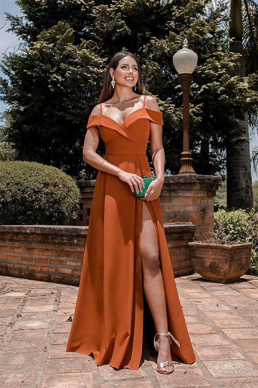 Evening Dress Spaghetti-Straps Split Sweetheart Online Off-The-Shoulder Burnt Orange