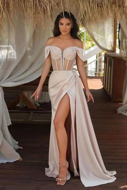 Champagne Ruffles Mermaid Prom Dress Beadings Split With Off The Shoulder