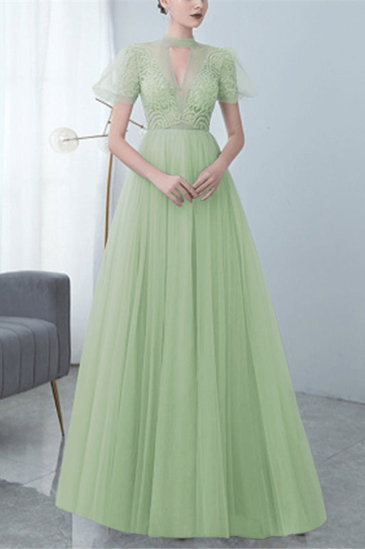 Grey Long Evening Dress Bowknot Tulle With High Collar Appliques