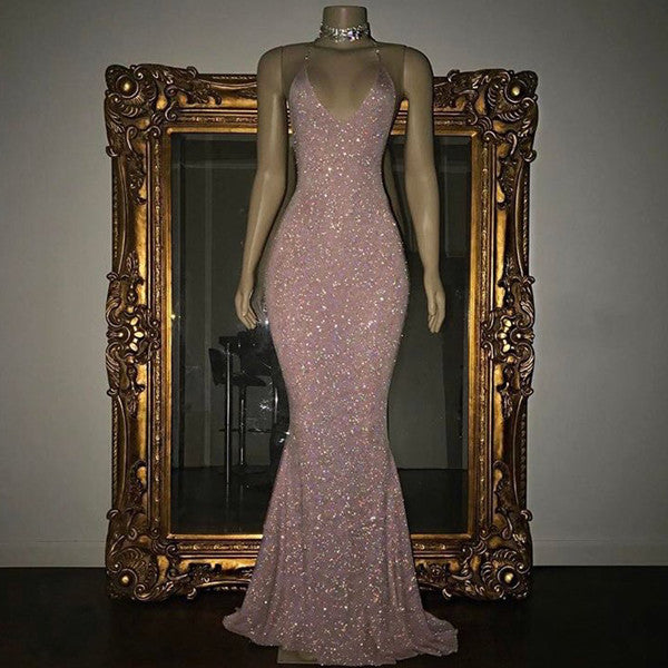 Elegant Halter Mermaid Evening Dress  V-Neck With Sequins