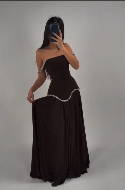 Sleeveless Strapless Off-Shoulders Pleated Evening Dress With Beaded