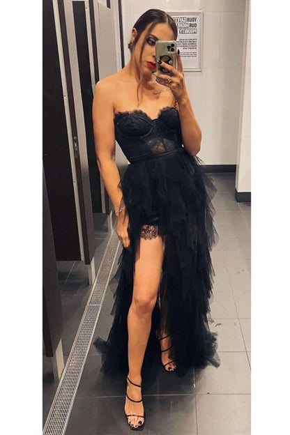 Charming Strapless Slit Tulle Long Prom Dress With Appliques