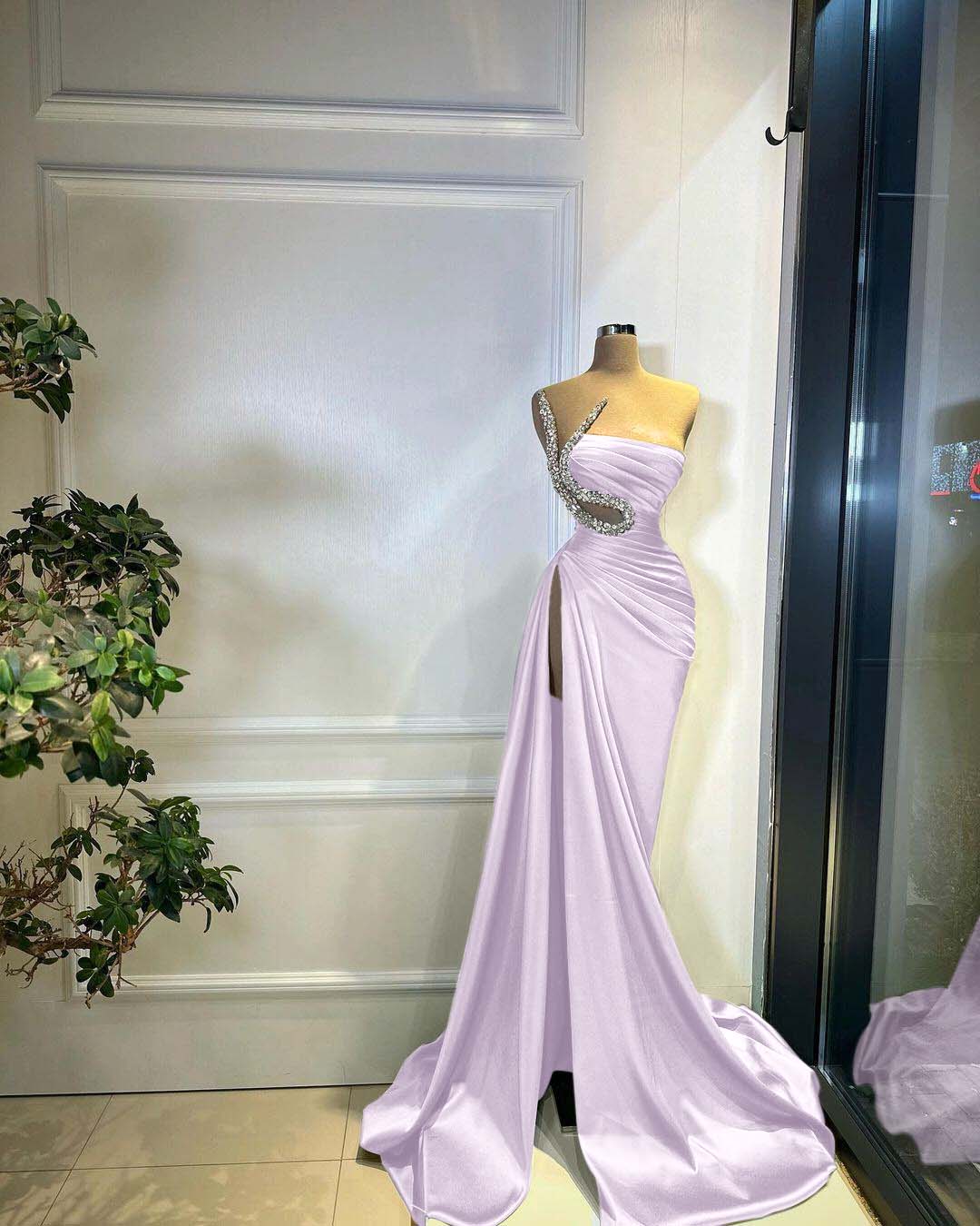 Green Strapless Pleated Long Beaded High Split Prom Dress