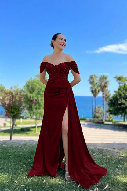 Off-The-Shoulder Mermaid Prom Dress With beads Sweetheart Front Split