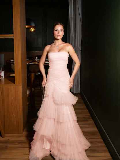 Stunning Straight Across Sleeveless Pleated Tulle Mermaid Evening Dress