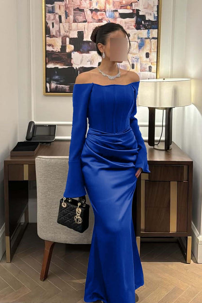 Chic Satin Regency Off the Shoulder Long Sleeves Mermaid Prom Dress with Pleated