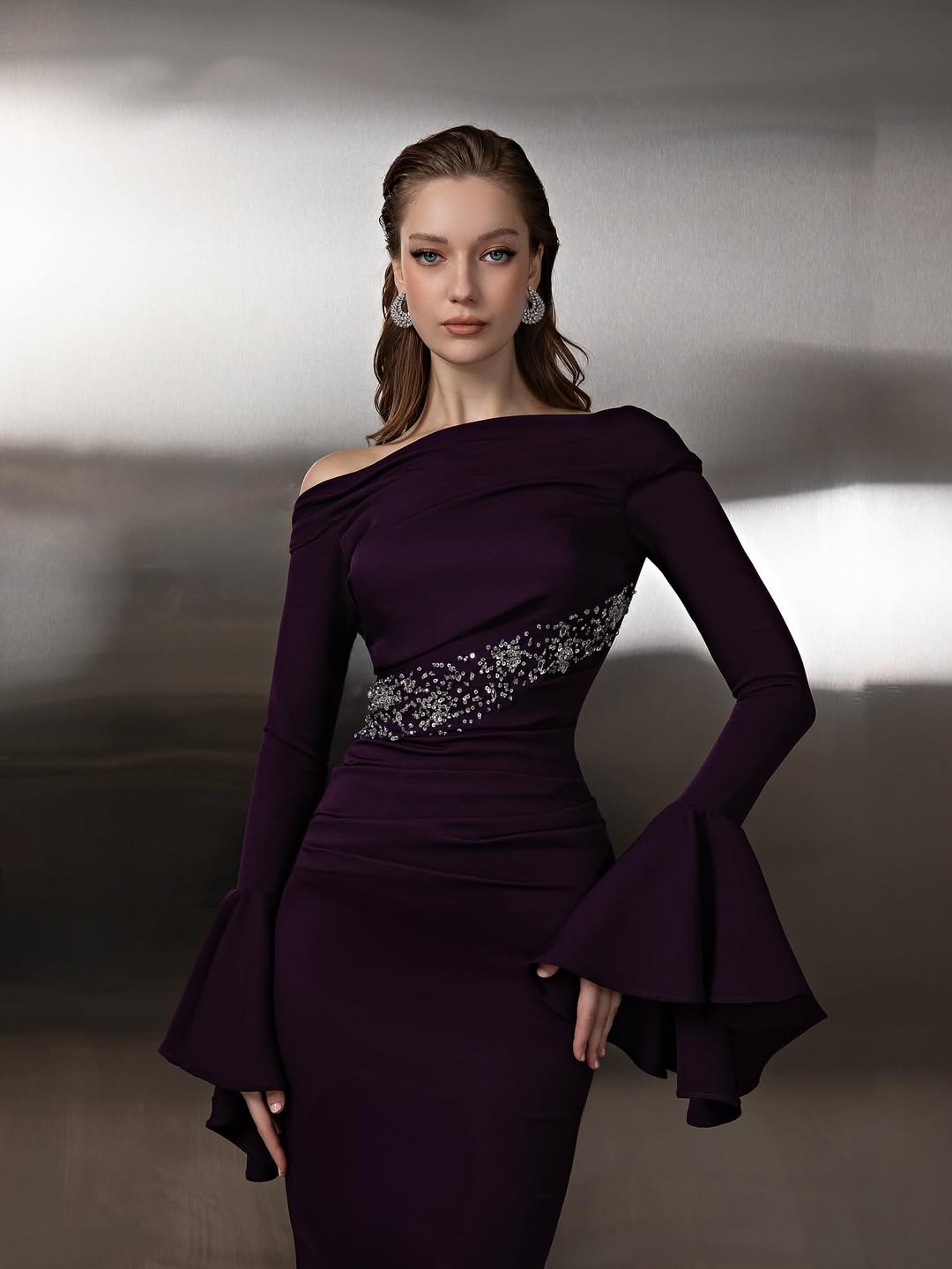 Sophisticated Dark Purple Off Shoulder Prom Dress with Bell Sleeves and Beaded Waistline