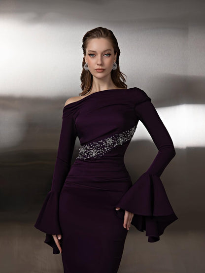 Sophisticated Dark Purple Off Shoulder Prom Dress with Bell Sleeves and Beaded Waistline