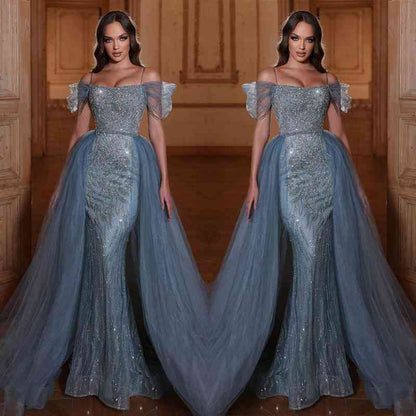 Off The Shoulder Mermaid Prom Dress Tulle Ruffles With Appliques