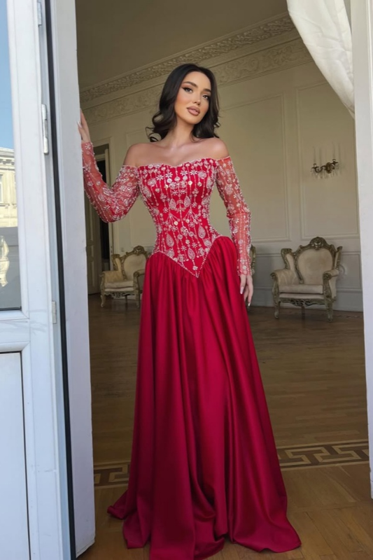 Stunning Red Bateau Neck Long Sleeves Beaded Evening Dress With Pleated