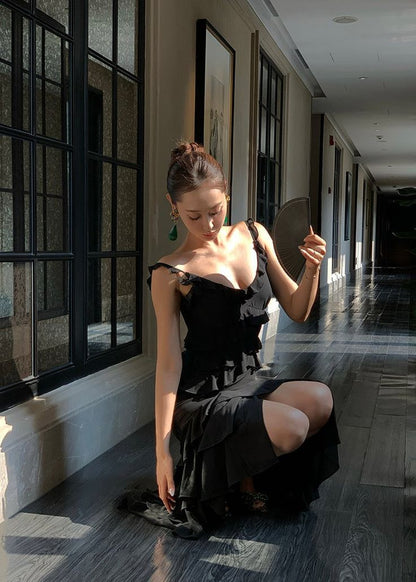 Sexy Black Mermaid Spaghetti Strap Layered Chiffon Formal Gown Evening Dress SH3943