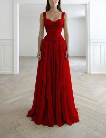 Graceful Sleeveless Wide Straps Beaded Ruffles Long Evening Dress