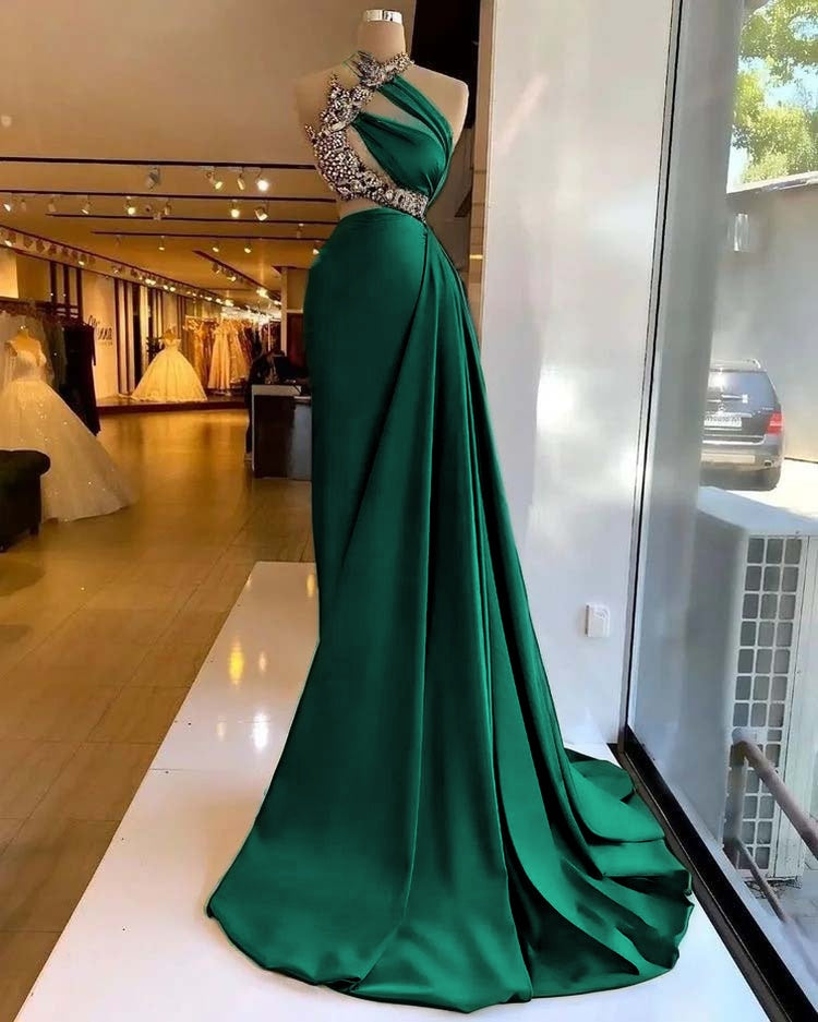 Satin Stunning Beading Sleeveless Long Prom Dress with Ruffle