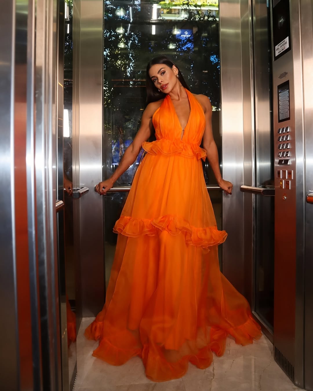 Elegant Orange Sleeveless Halter Long Prom Dress with Ruffles