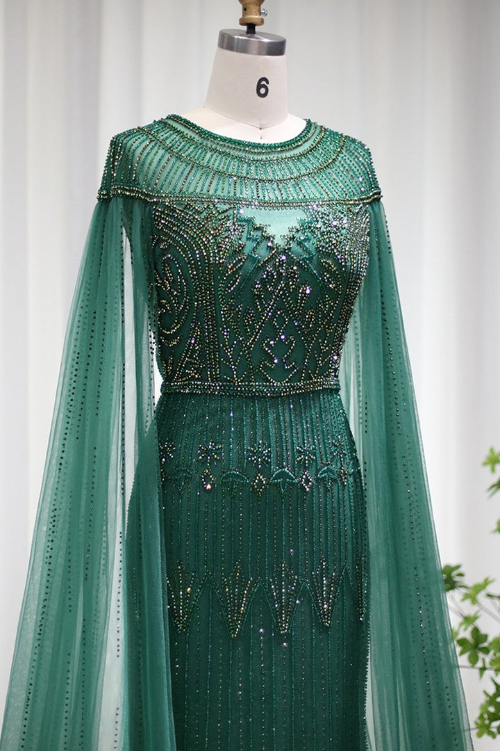 Jewel Neck Mermaid Prom Dress Cap Sleeves Tulle With Appliques Diamond