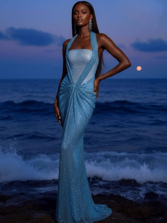 Luxury Mermaid Halter Strap Sleeveless Beaded Long Dress with Sequins