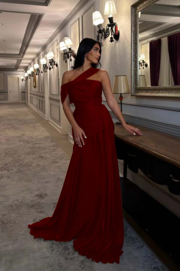 Sleeveless Square One Shoulder Prom Dress With Pleated