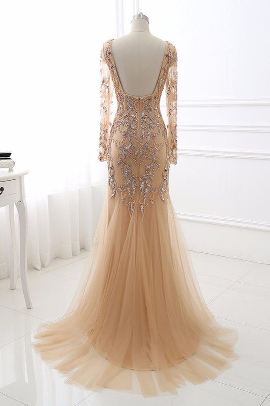 Beautiful Champagne V-Neck Long Sleeves Evening Dress Mermaid Tulle Ruffles with Beadings Rhinestones