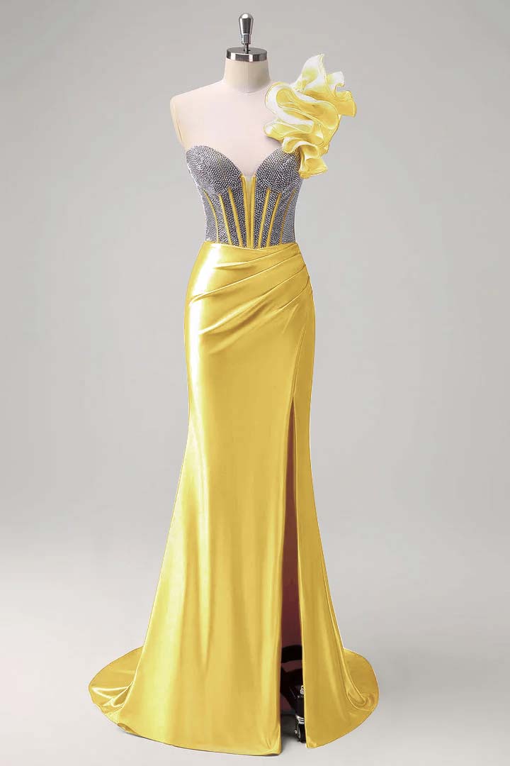 Strapless Handmade Flower Backless Mermaid Slit Prom Dress With Beading